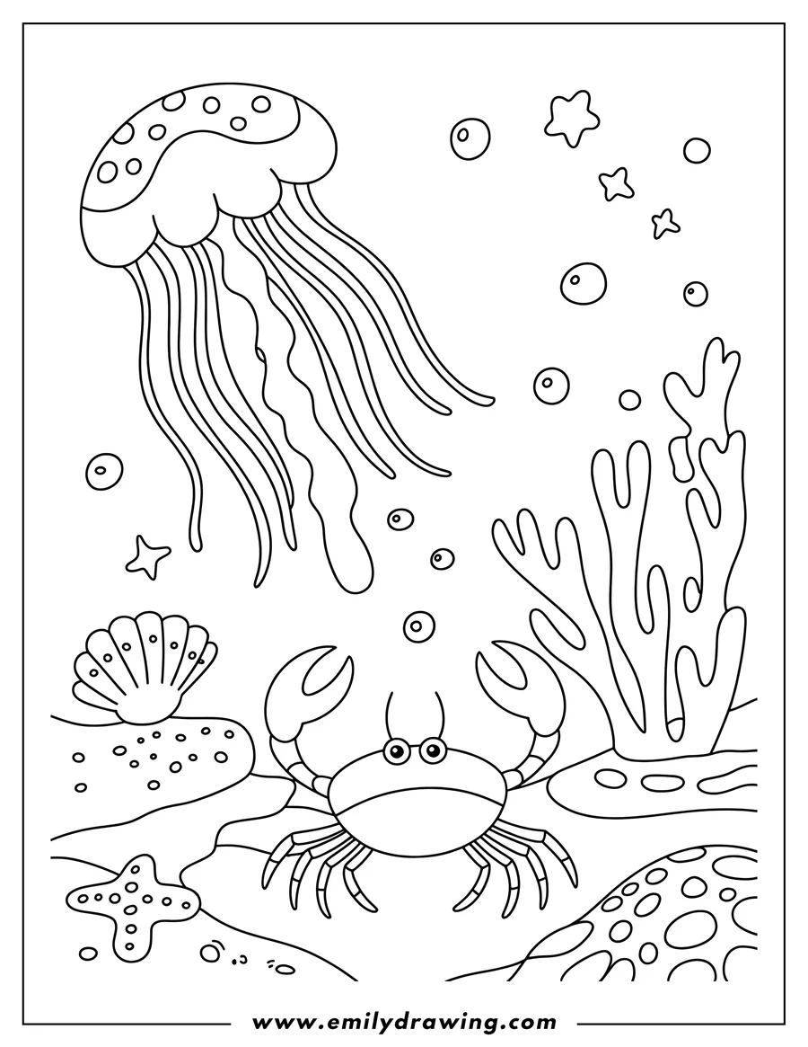 Line art of a jellyfish floating above a crab on the ocean floor, surrounded by seaweed, bubbles, a seashell, and a starfish.