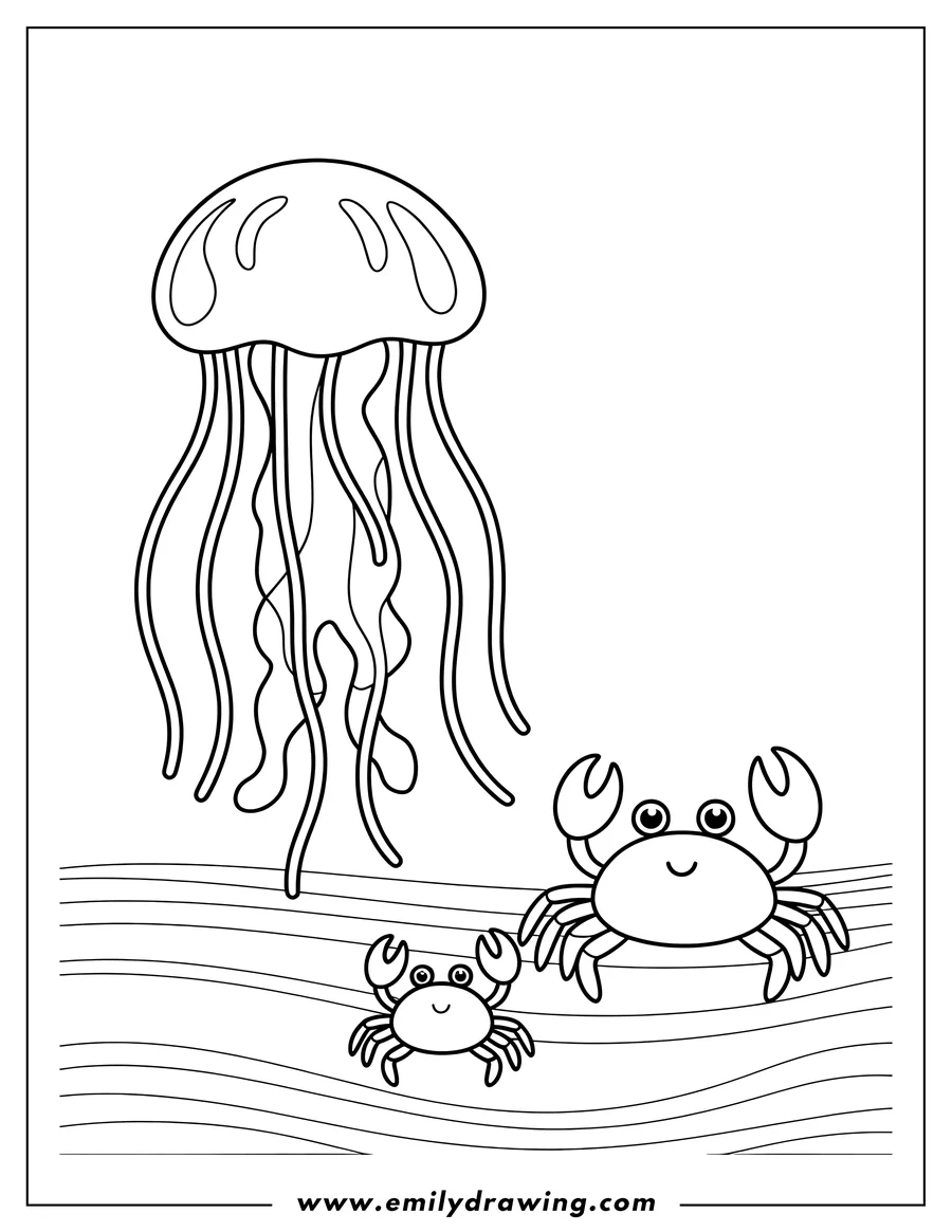 Outline of a jellyfish floating above two crabs on the ocean floor.