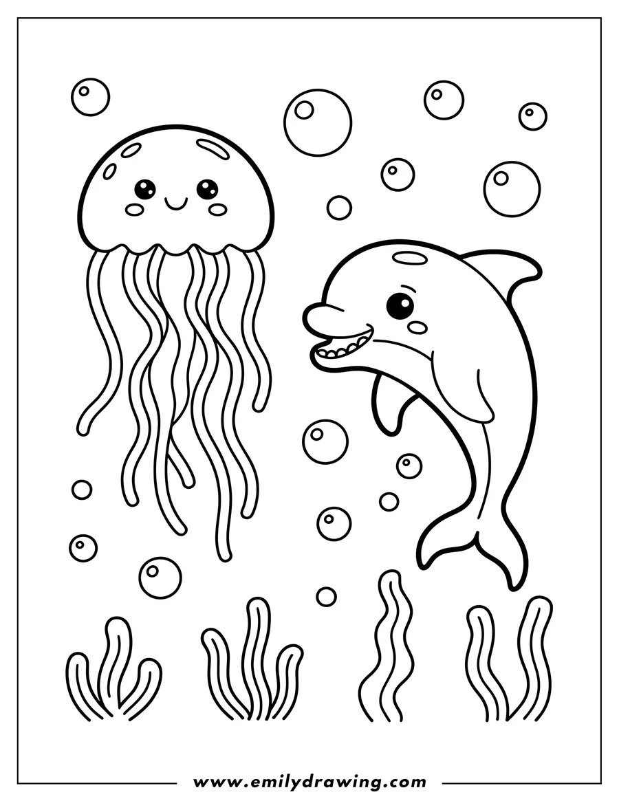 Line art of a jellyfish and a dolphin swimming amongst seaweed and bubbles.