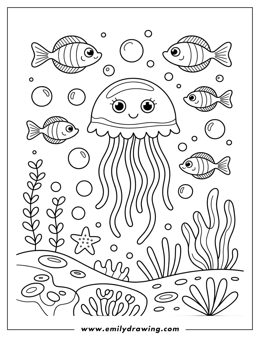 Line art of a jellyfish with several small fish, a starfish, and seaweed on the seabed.