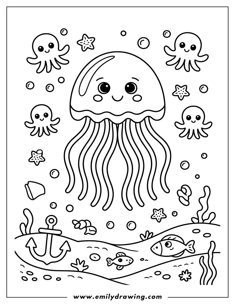Line art of a jellyfish with fish, an anchor, starfish, seaweed, and small octopi in an underwater scene.
