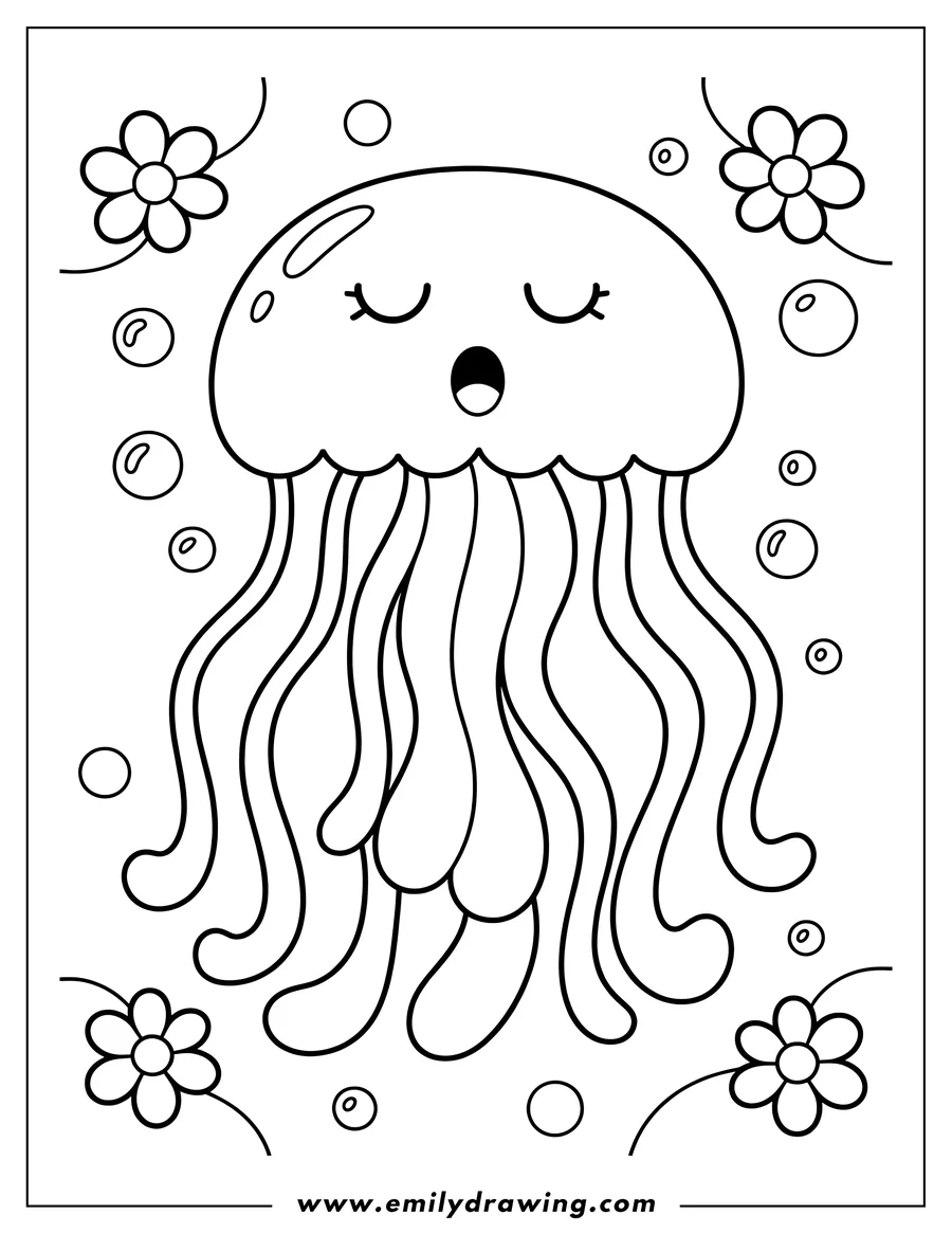Outline of a jellyfish with long, flowing tentacles surrounded by bubbles and simple flowers.
