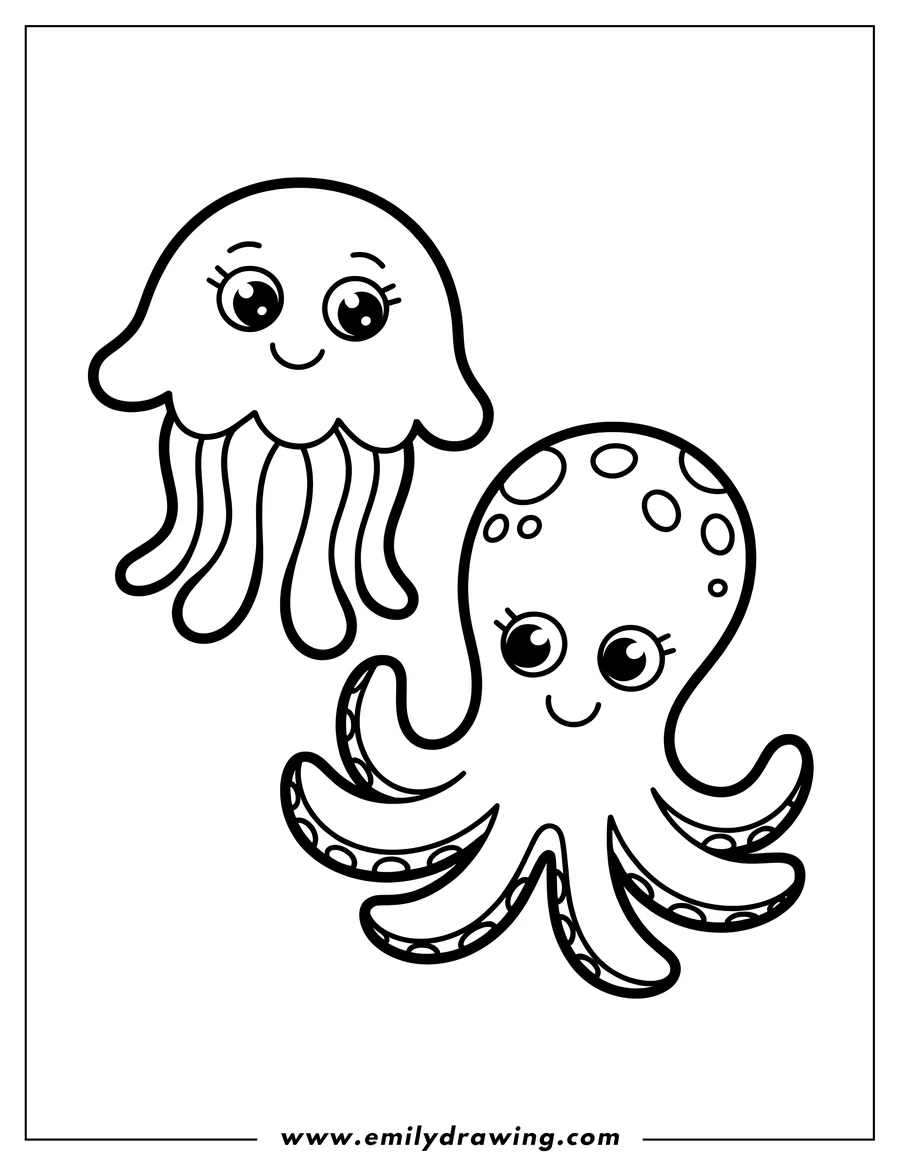 Line art of a jellyfish and an octopus. Both sea creatures have large, friendly eyes and are smiling.