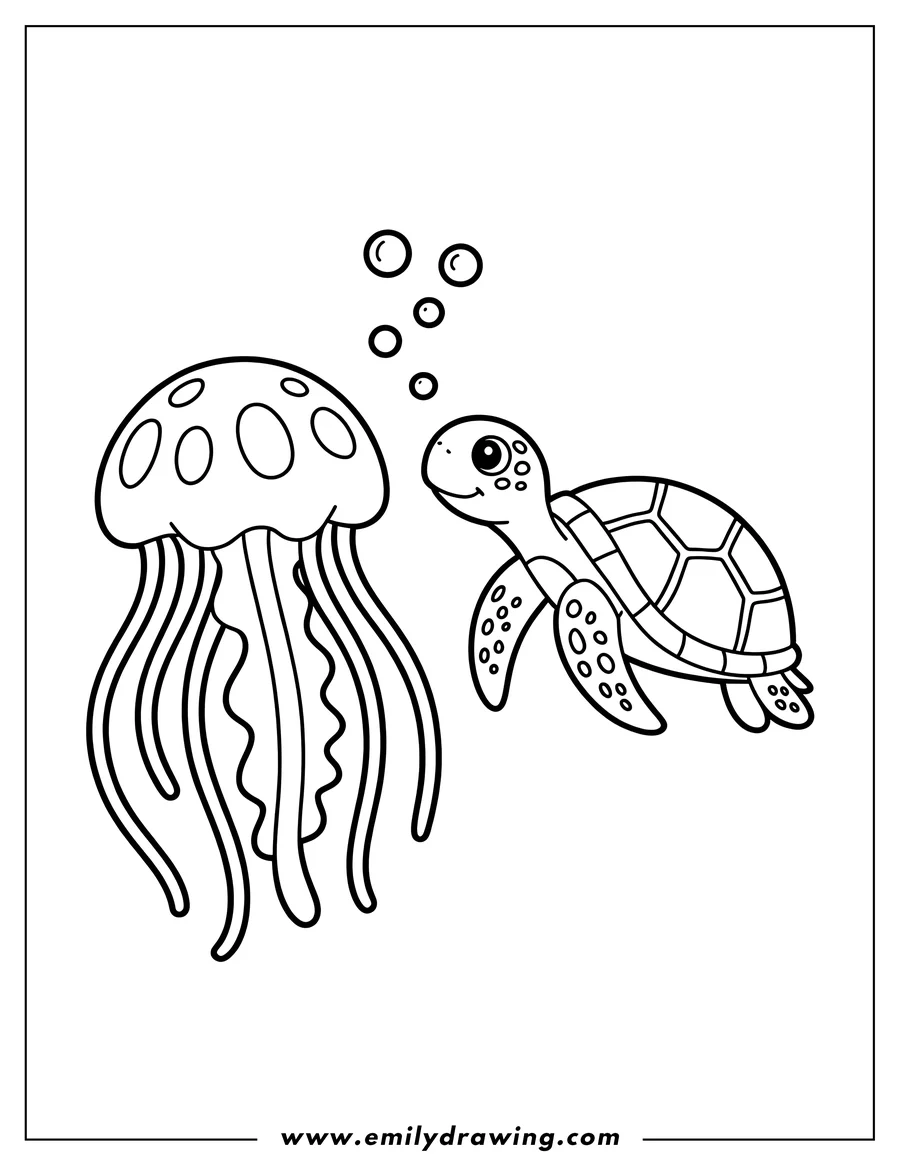 Line art of a jellyfish and a sea turtle swimming near each other.