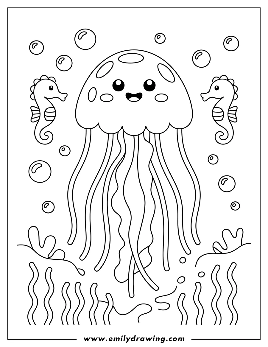 Outline of a smiling jellyfish with two seahorses and bubbles in the ocean. Seaweed is visible at the bottom.