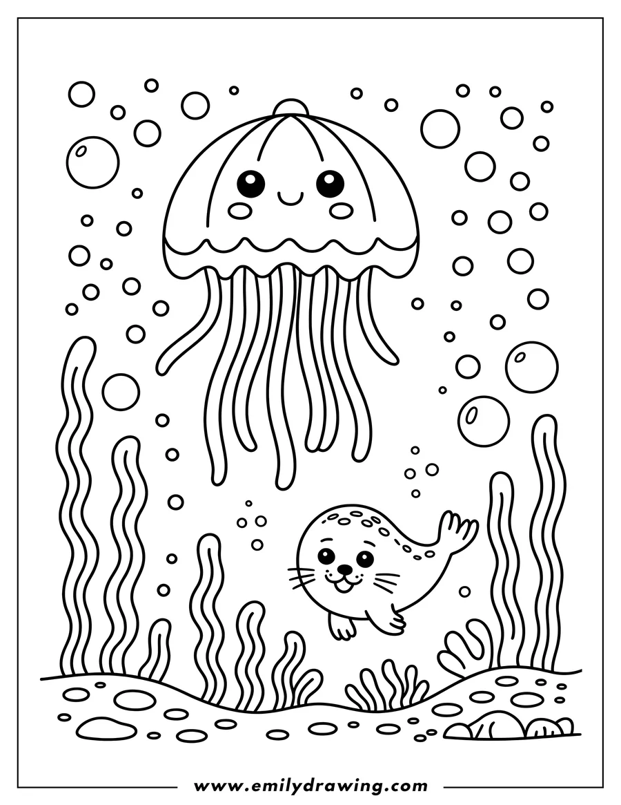 Outline of a jellyfish and a seal underwater with seaweed and bubbles.
