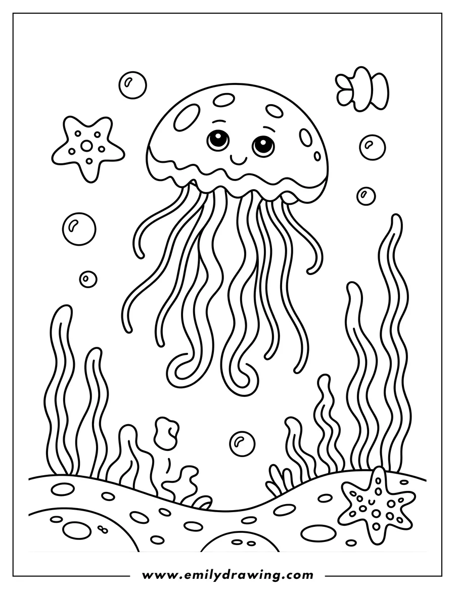 Outline of a cute jellyfish with a smiling face, floating near a starfish, bubbles, and seaweed on the seabed.