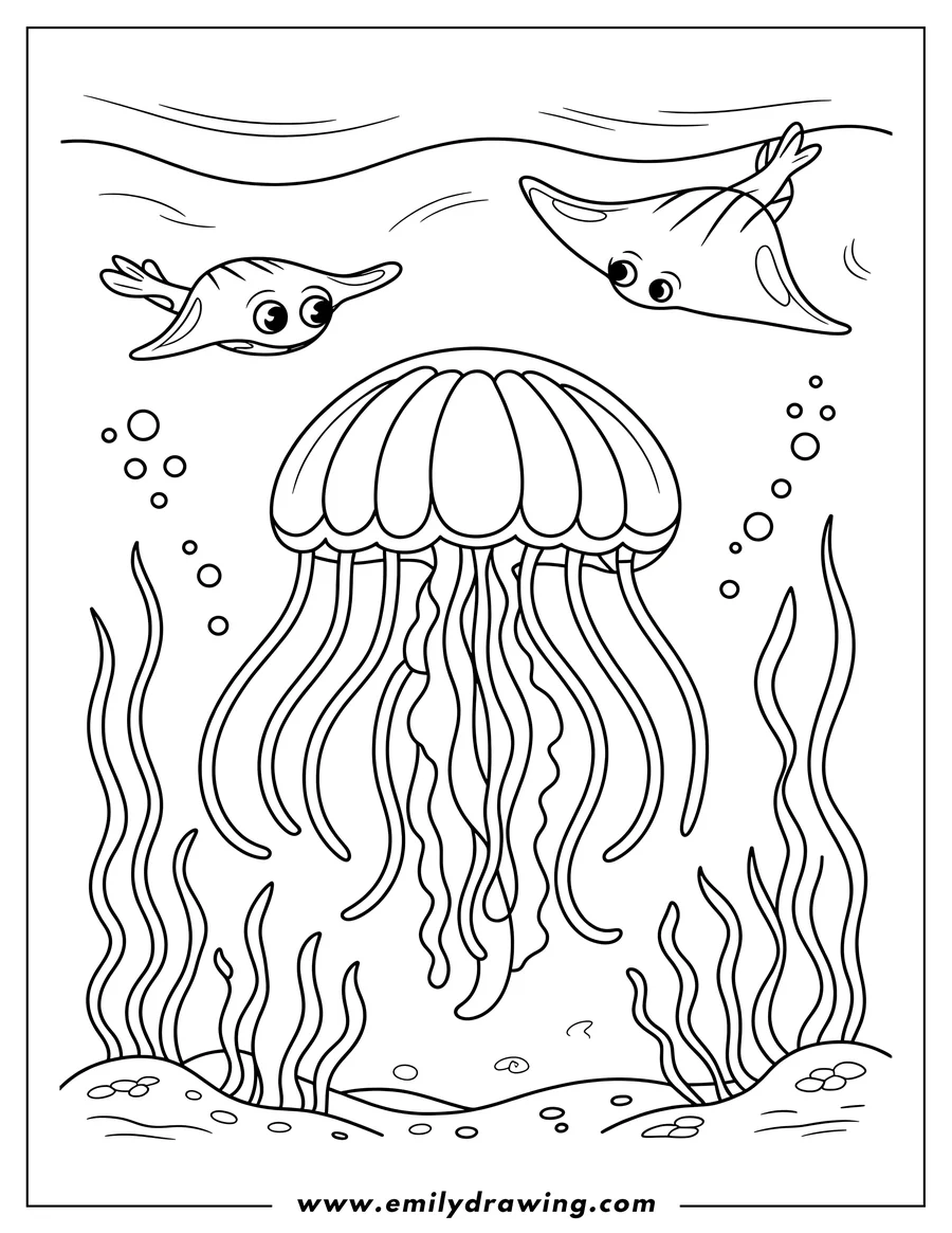 Line drawing of a jellyfish, two stingrays, seaweed, and the ocean floor.