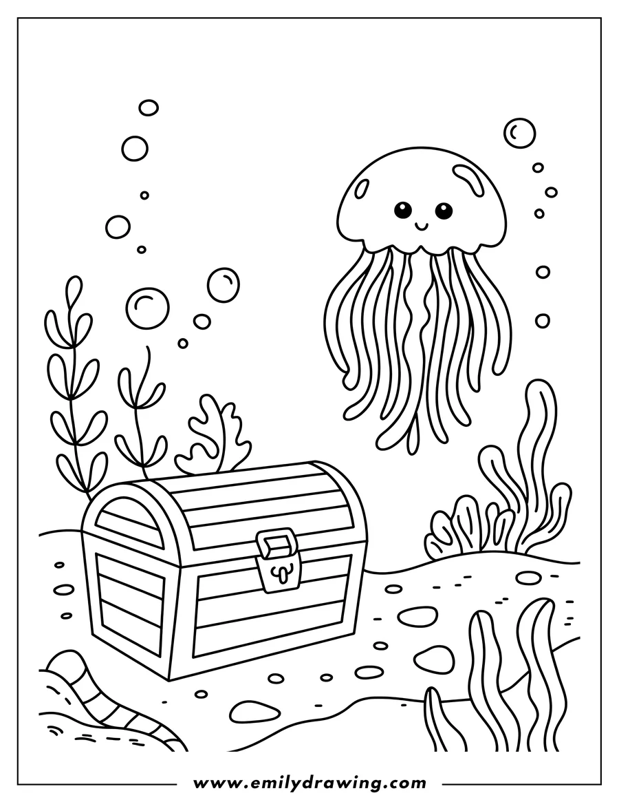 Outline of a cute jellyfish floating near a treasure chest on the seabed, surrounded by seaweed and bubbles.