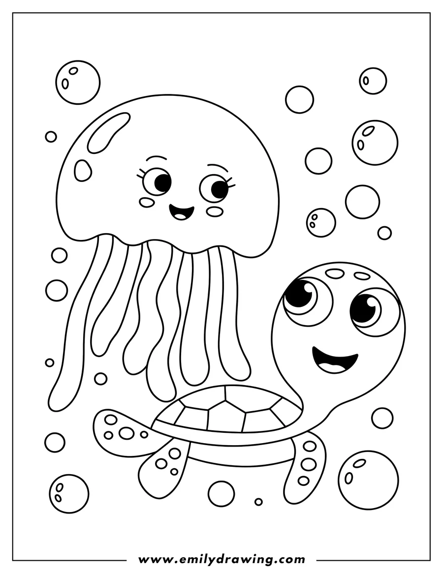 Line art of a jellyfish and a sea turtle surrounded by bubbles. Both creatures have large, friendly eyes and appear to be swimming together.