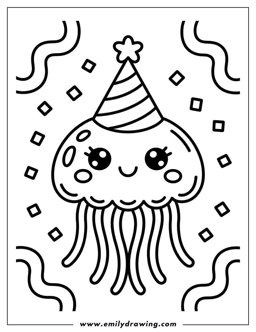 Outline of a jellyfish wearing a party hat with confetti around it.