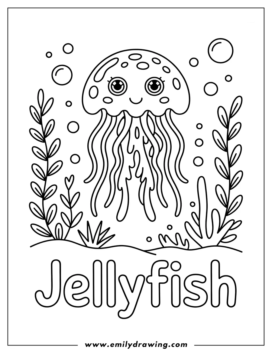 Outline of a cute jellyfish with bubbles and seaweed. Perfect for a coloring activity.