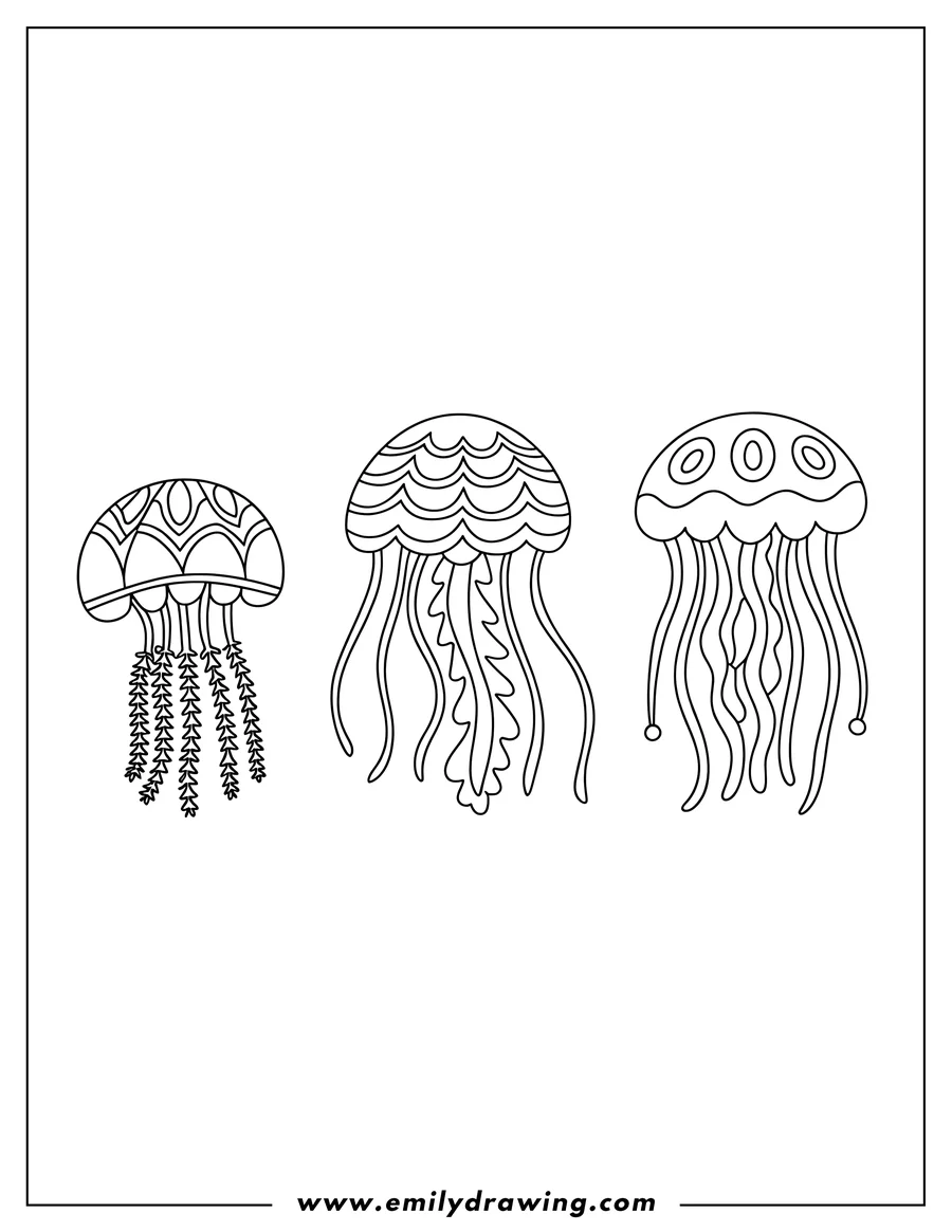 Outline of three jellyfish with various patterns on their bells.