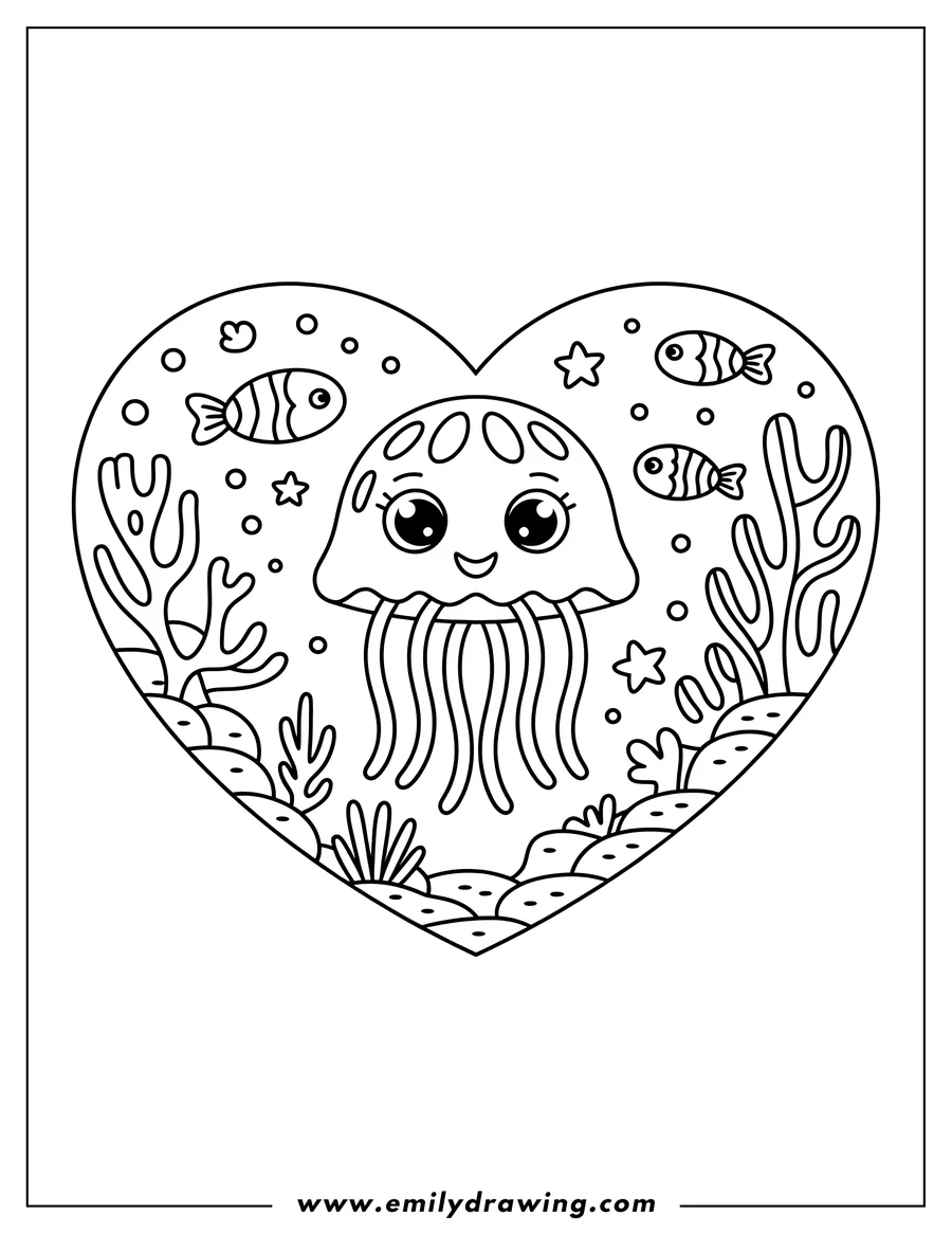 Outline of a jellyfish inside a heart shape, surrounded by small fish, seaweed, and bubbles.