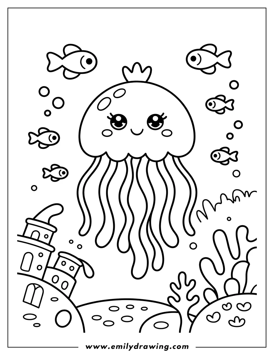 Line art of a jellyfish with long tentacles floating near a small underwater castle, surrounded by tiny fish and seaweed.