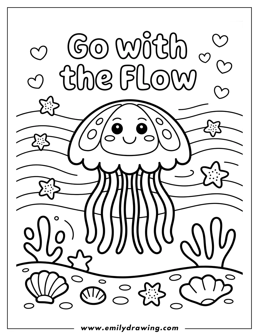 Outline of a cute jellyfish with big eyes, floating above a seabed with seashells and starfish.