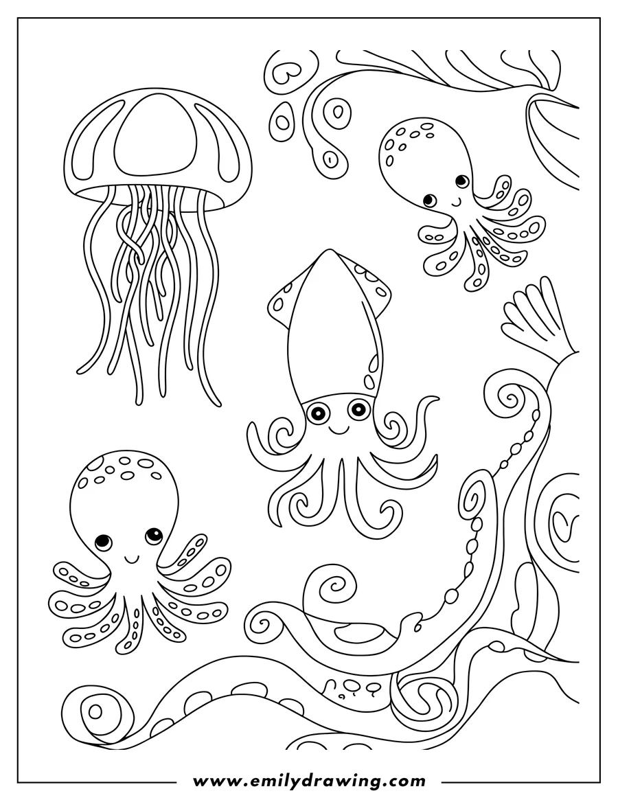 Line art of a jellyfish, squid, and two octopuses underwater. Perfect for a fun ocean-themed coloring activity.