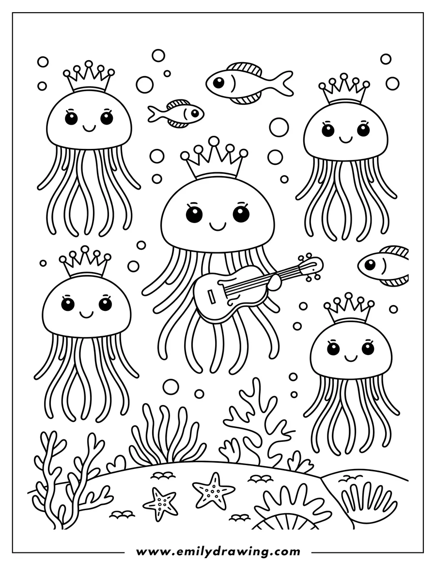 Outline of a jellyfish playing a ukulele underwater, with other jellyfish wearing crowns, small fish, and starfish on the seabed with seaweed and coral.