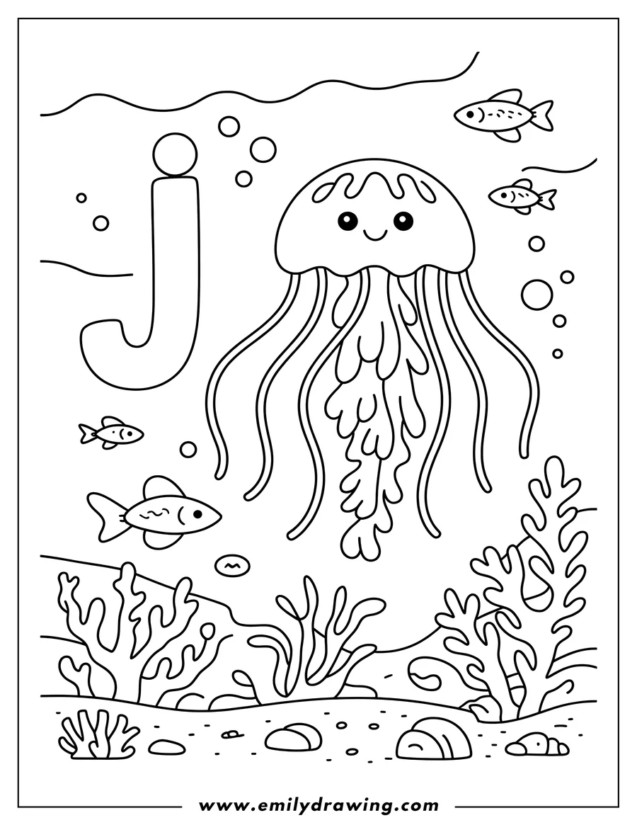 Line art of a jellyfish with a smiling face swimming underwater with fish and seaweed. Bubbles float around, rocks and coral sit on the ocean floor.