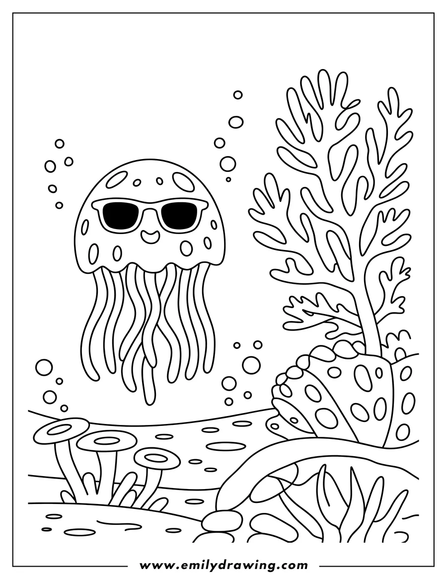 Outline of a jellyfish wearing sunglasses, floating near coral and seashells on the ocean floor.
