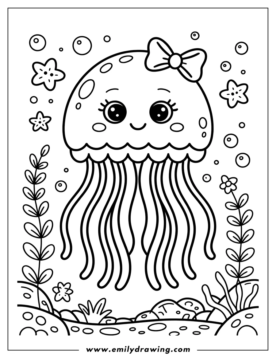 Outline of a jellyfish with a bow, surrounded by starfish, bubbles, and seaweed on the ocean floor.