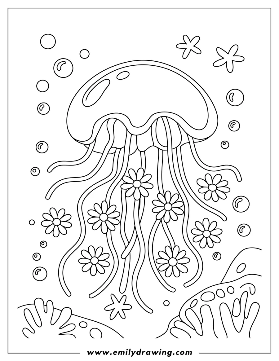 Line art of a jellyfish with daisies on its tentacles, surrounded by bubbles and small stars, with coral at the bottom.
