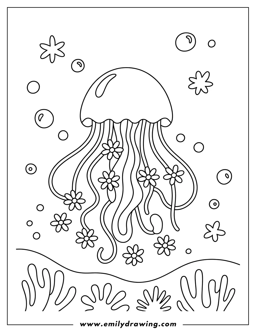 Outline of a jellyfish with flowers on its tentacles, floating above seaweed and bubbles.