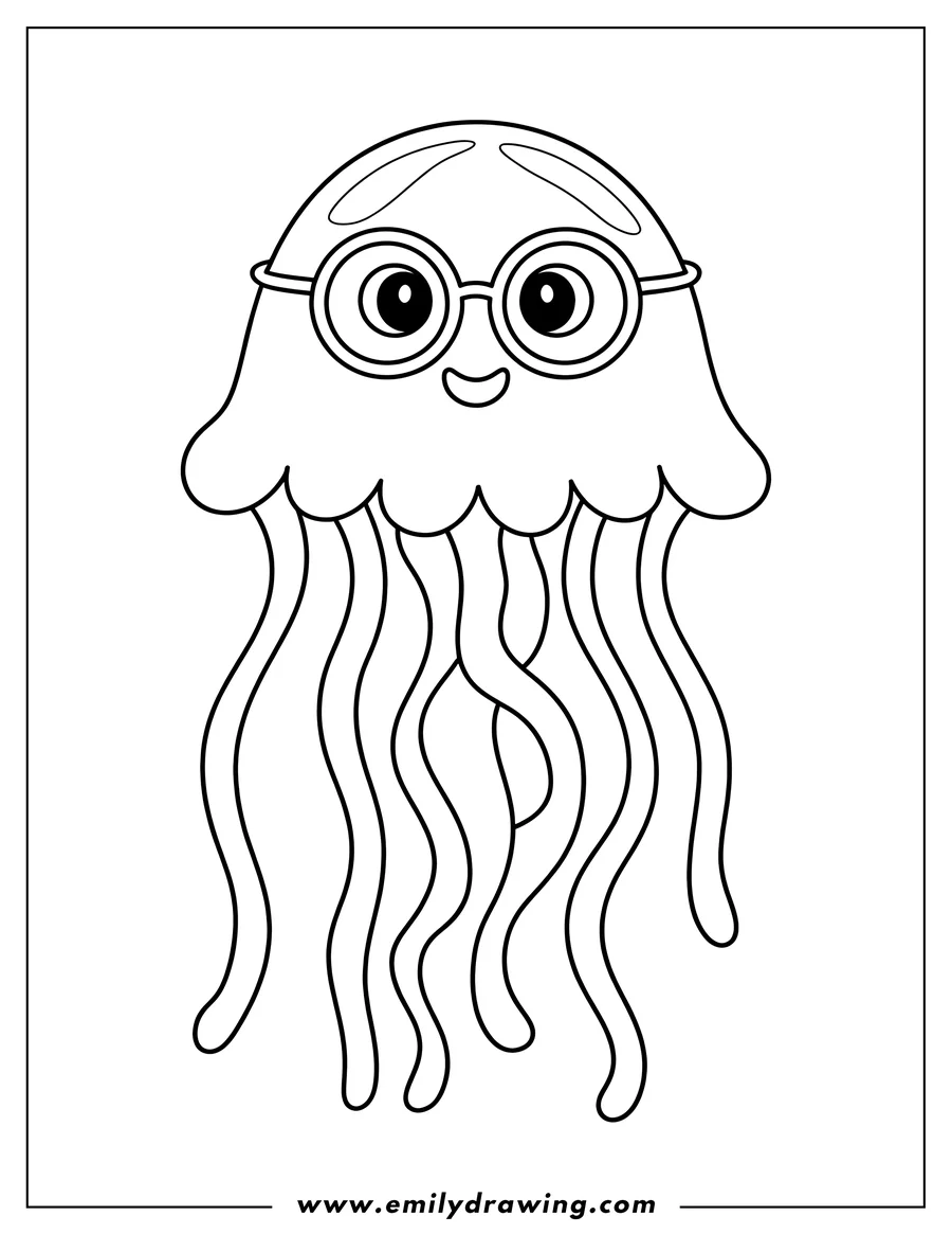 Line art of a jellyfish wearing round glasses and smiling.