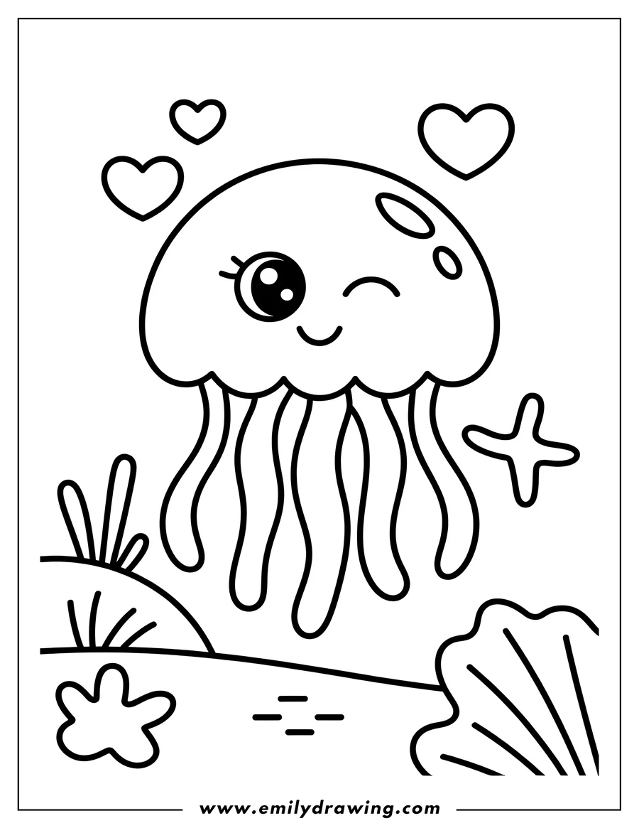 Line art of a jellyfish with large eyes winking, surrounded by floating hearts, with simple seaweed and a seashell on the seabed below.