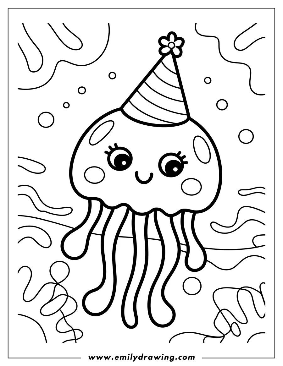 Line art of a jellyfish wearing a party hat with a flower on top. It has big, happy eyes and is floating in water with bubble and seaweed designs around it.