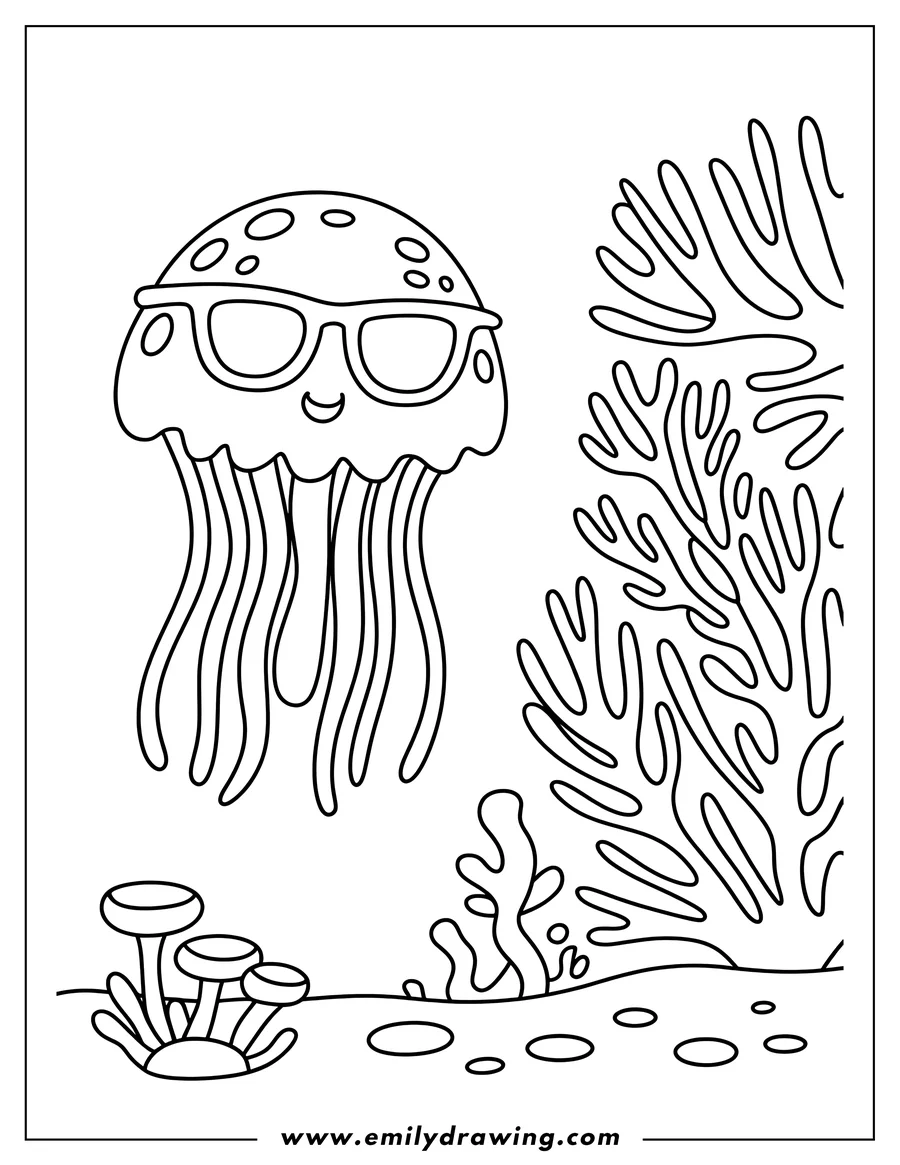Outline of a jellyfish wearing sunglasses, with coral and mushrooms on the seabed.