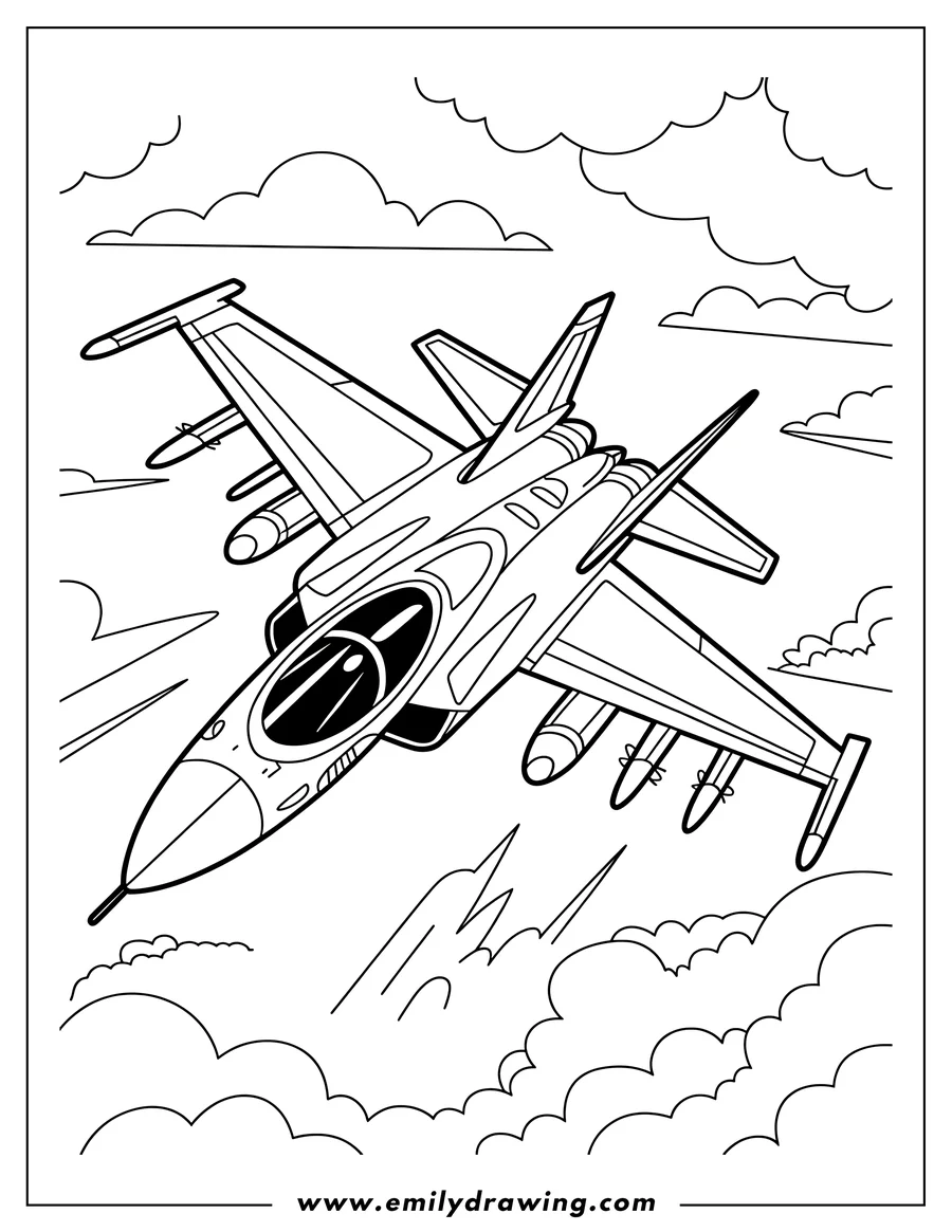 Outline of a jet soaring through a cloudy sky.