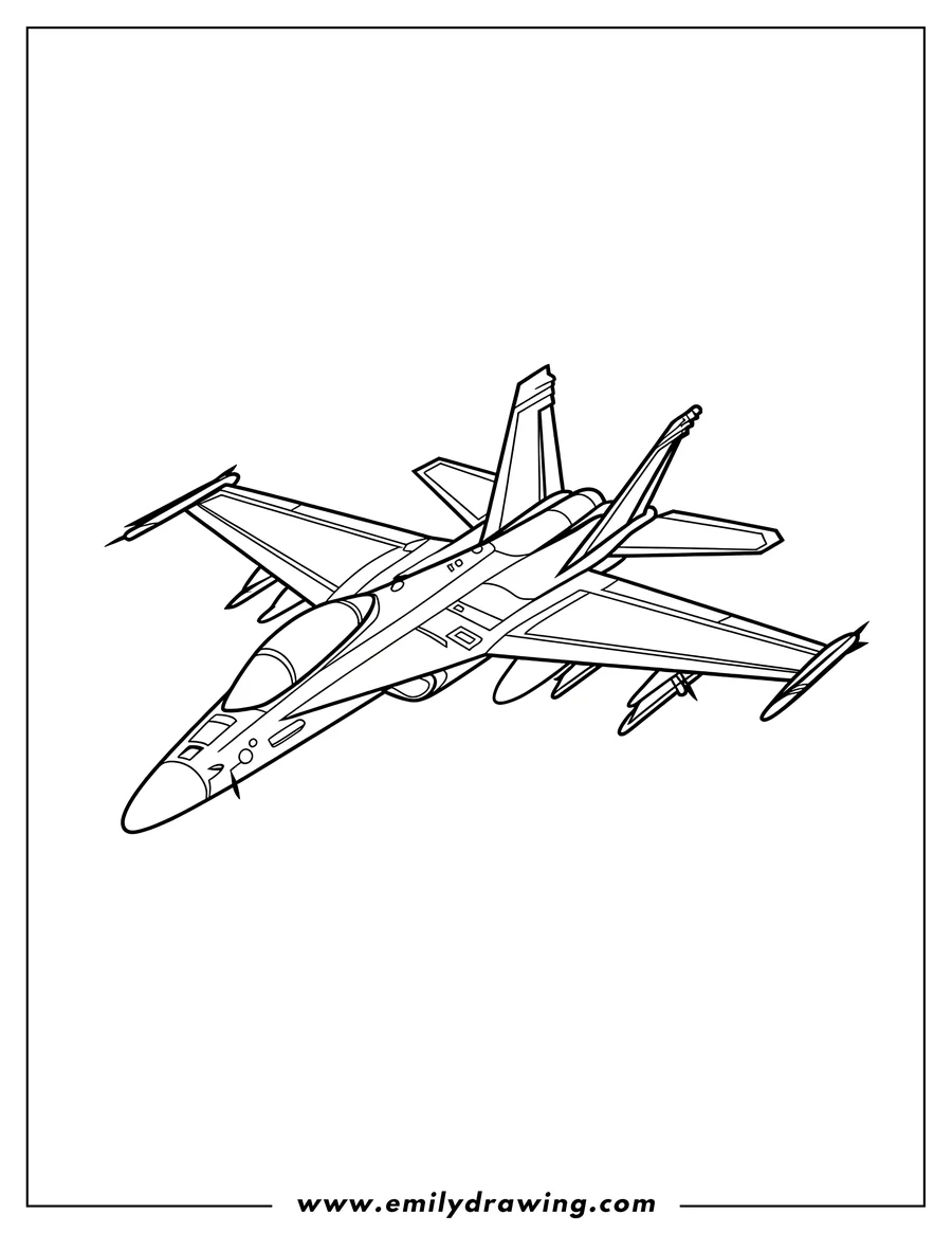 Line art of a jet plane in flight.