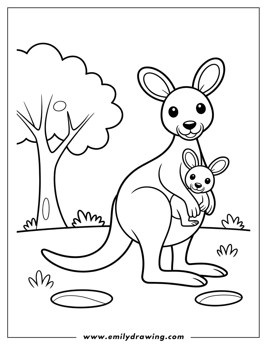 Outline of a kangaroo with a joey in its pouch, standing near a tree.