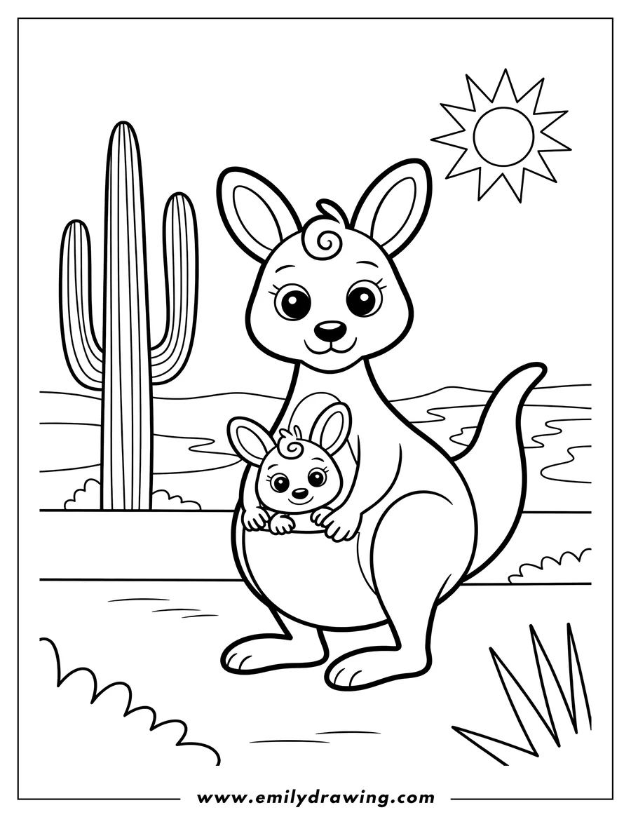 Outline of a mother kangaroo with her joey in her pouch, standing in a desert landscape with a cactus and the sun in the background.
