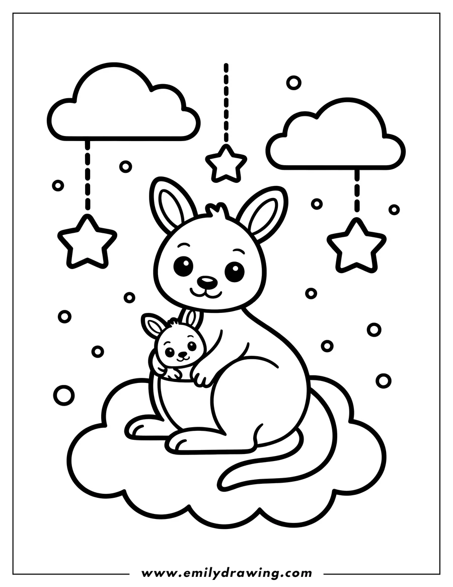 Outline of a kangaroo with her joey in her pouch, sitting on a cloud. Stars hang from the clouds above them.