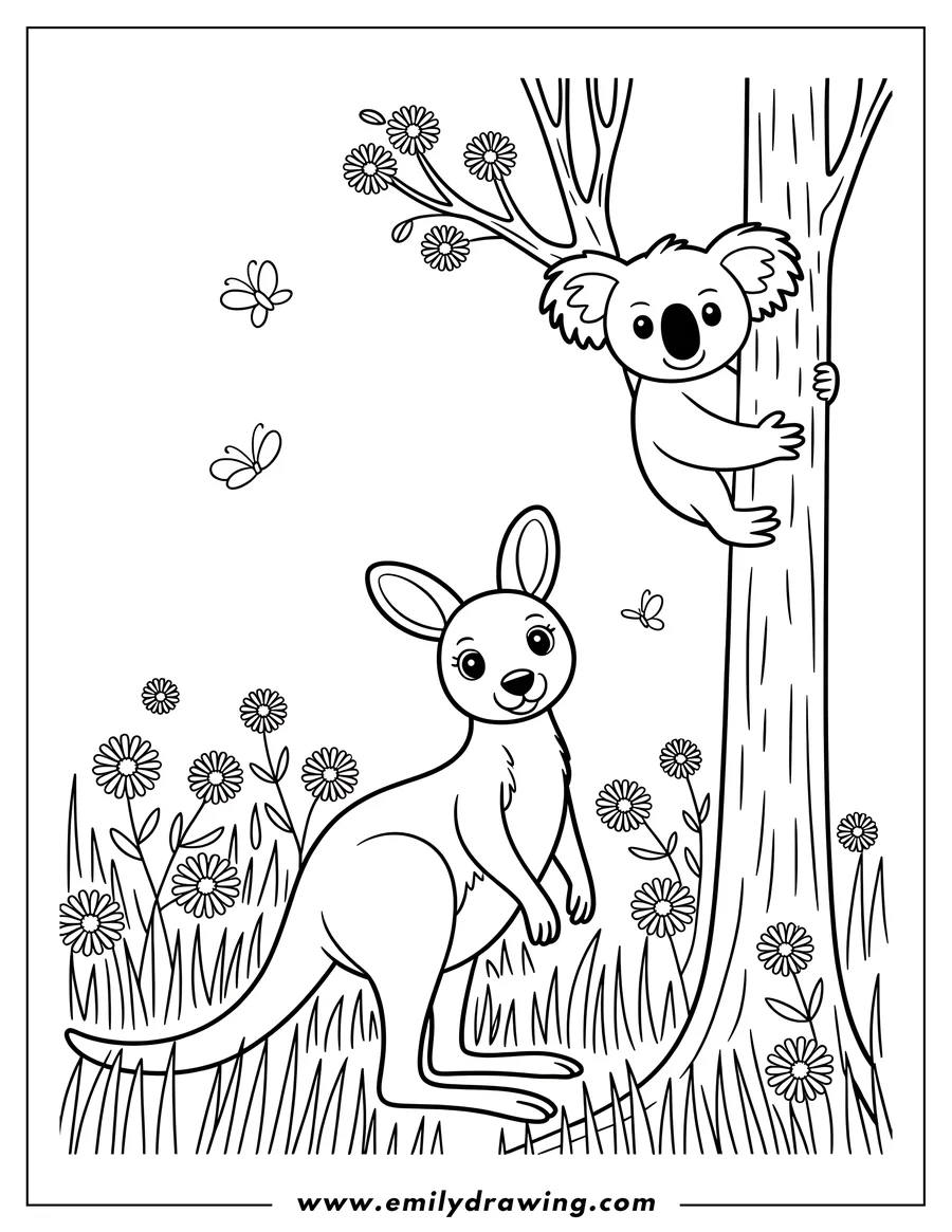 Outline of a kangaroo and koala in a field of flowers. The koala clings to a tree trunk, and butterflies fly around them.