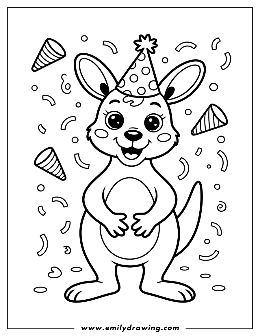 Line art of a kangaroo wearing a party hat, surrounded by confetti.