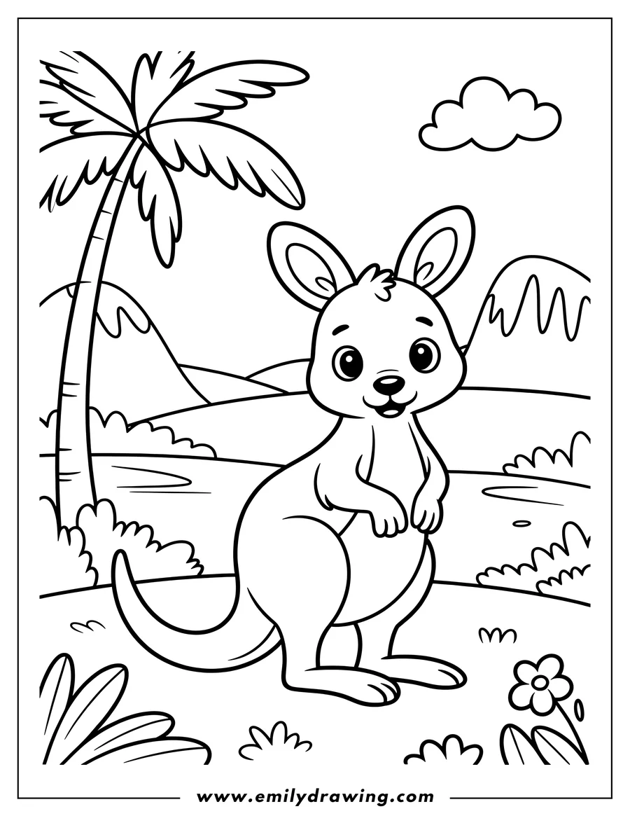 Outline of a kangaroo standing in the Australian outback, with a palm tree, hills, and a small flower.