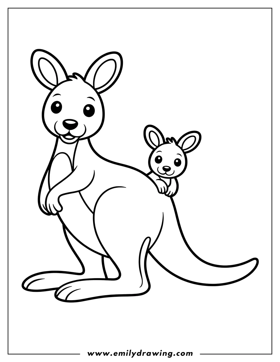 Line art of a kangaroo with a joey in its pouch.