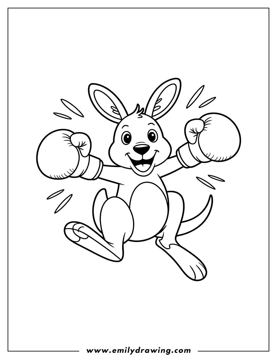 Line art of a kangaroo wearing boxing gloves, ready to box.