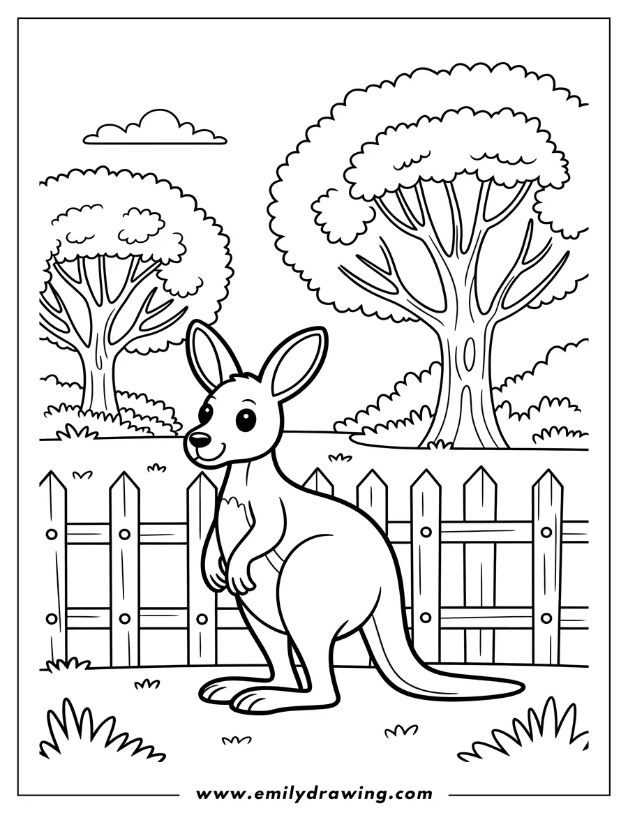 Outline of a kangaroo standing by a wooden fence in a grassy area with trees in the background.
