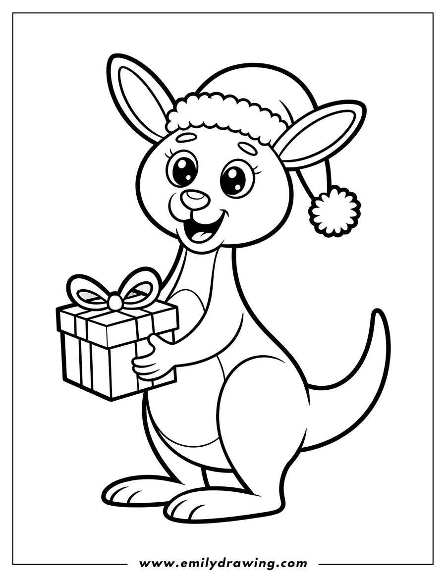 Outline drawing of a kangaroo wearing a Santa hat and holding a wrapped Christmas present.