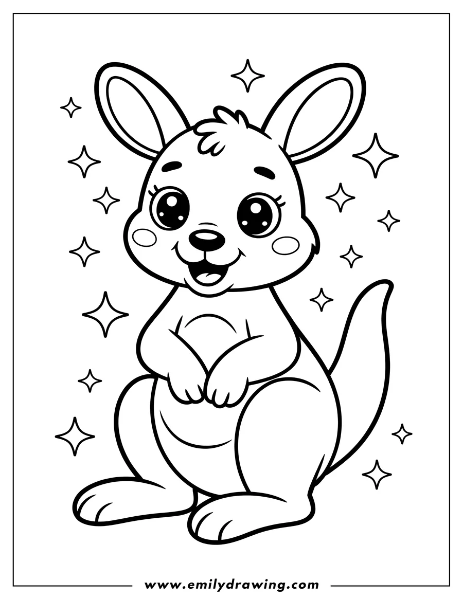 Outline of a cute kangaroo with large, sparkly eyes.
