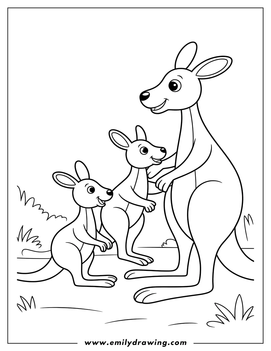 Line art of a kangaroo family. A mother kangaroo stands tall, with two young joeys beside her. They are on the ground, in a simple outdoor setting with some tufts of grass.