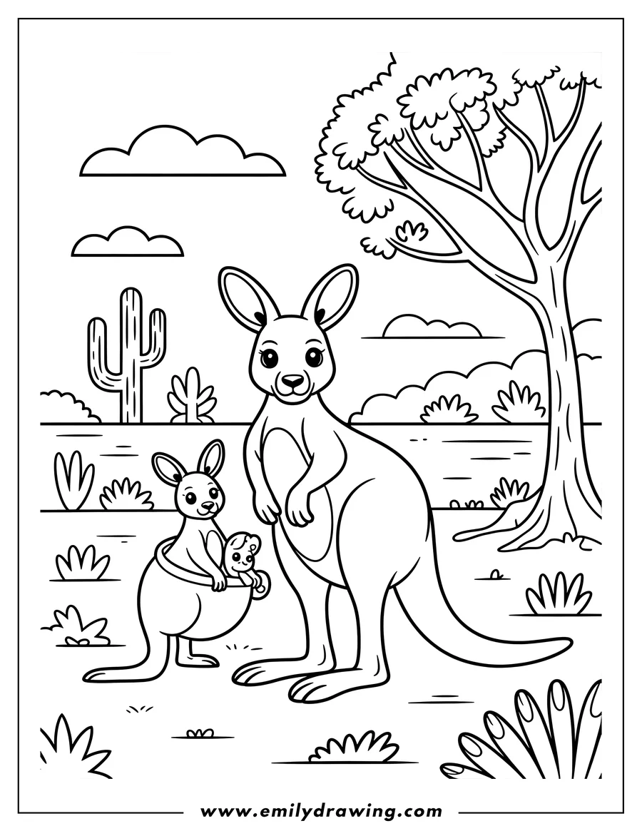 Outline of a kangaroo family with a joey in the mother's pouch and another joey beside her, standing under a tree in a desert setting with a cactus and small bushes.