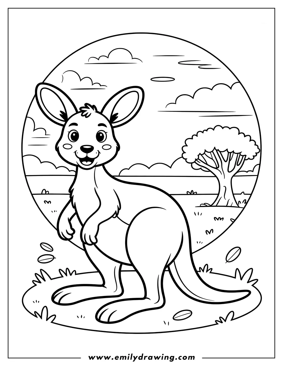 Outline of a kangaroo standing in a grassland with a tree and clouds in the background.