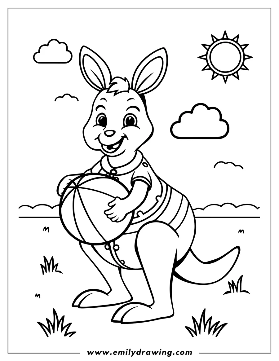 Outline of a kangaroo holding a beach ball in a grassy area. The sun and clouds are visible in the sky. The kangaroo appears friendly and ready for a game.