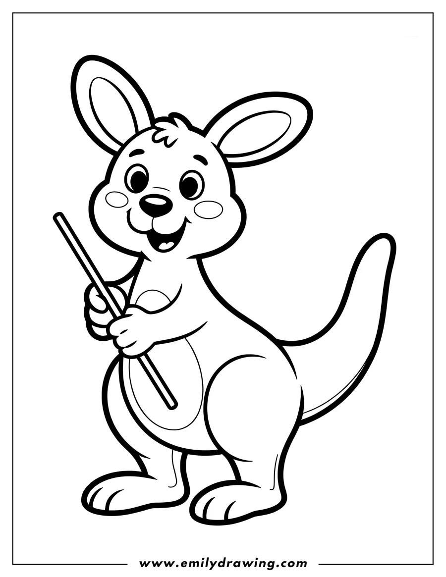 Outline of a kangaroo holding a stick, looking happy and ready for coloring.