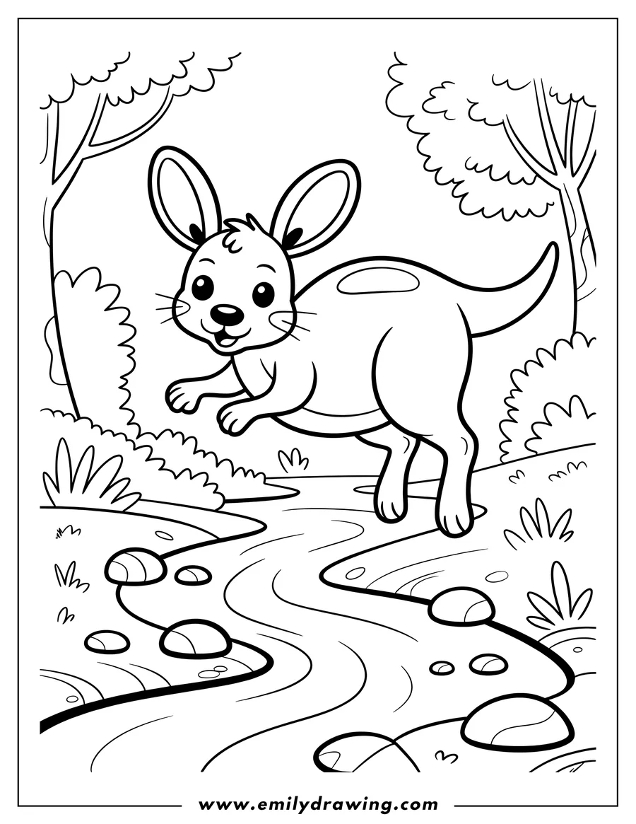 Outline of a kangaroo hopping near a creek with rocks and trees.
